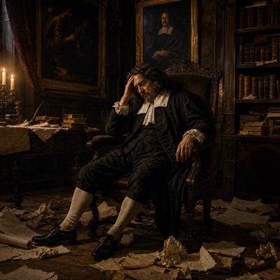 A weary man in 17th-century attire sits amidst a cluttered, dimly lit study.