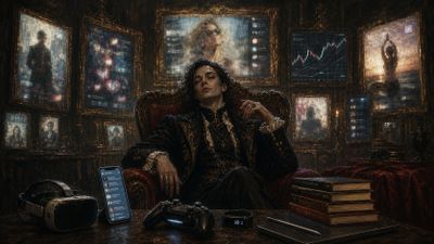 A confident person in a dark room surrounded by technology and framed portraits.