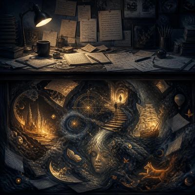 Eine dunkle Szenerie mit einem Schreibtisch voller Notizen und einer surrealen, fantastischen Traumlandschaft.