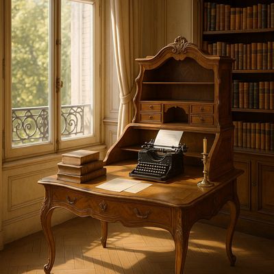 Vintage wooden writing desk with typewriter and books by a sunlit window.