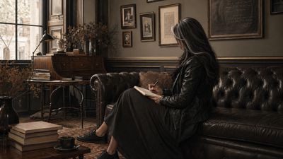 Woman writing in a notebook on a leather couch in a vintage room.