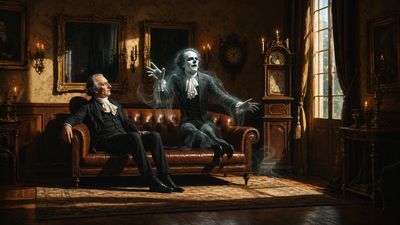 An elderly man sits on a vintage couch beside a friendly ghost in an old-fashioned room.