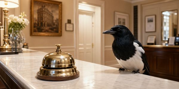 A magpie perched on a hotel reception desk beside a service bell.
