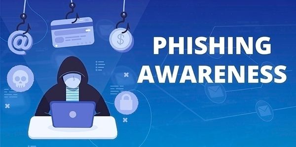 Illustration highlighting phishing awareness with a hacker and deceptive icons.