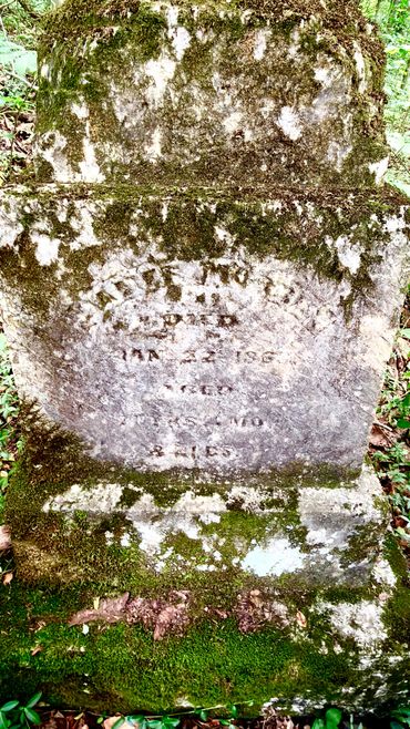Old moss-covered gravestone in a forested area.