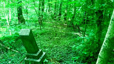Old, tilted gravestone and rusted iron fence in a dense forest.