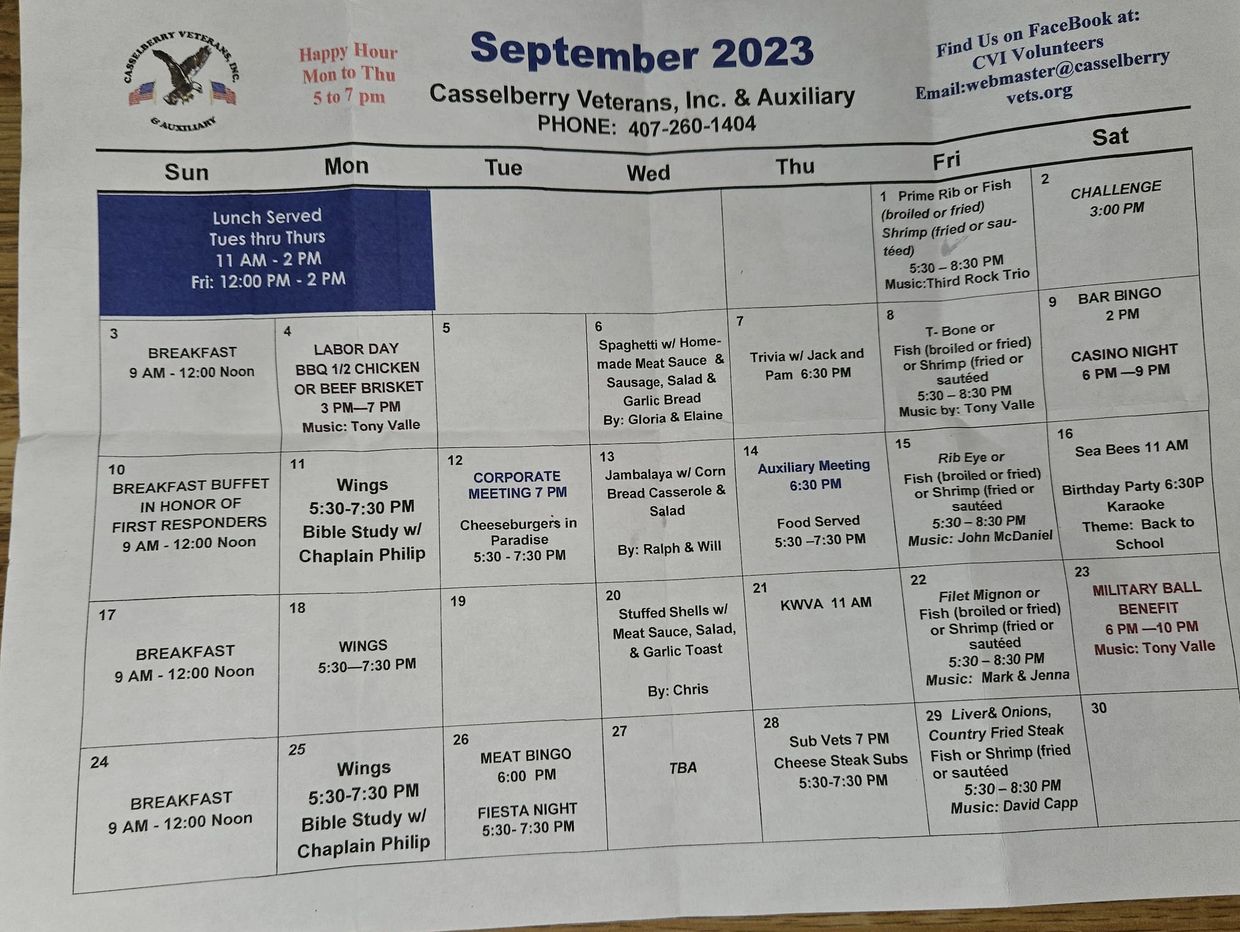 Monthly Calendar | Casselberry Veterans Incorporated