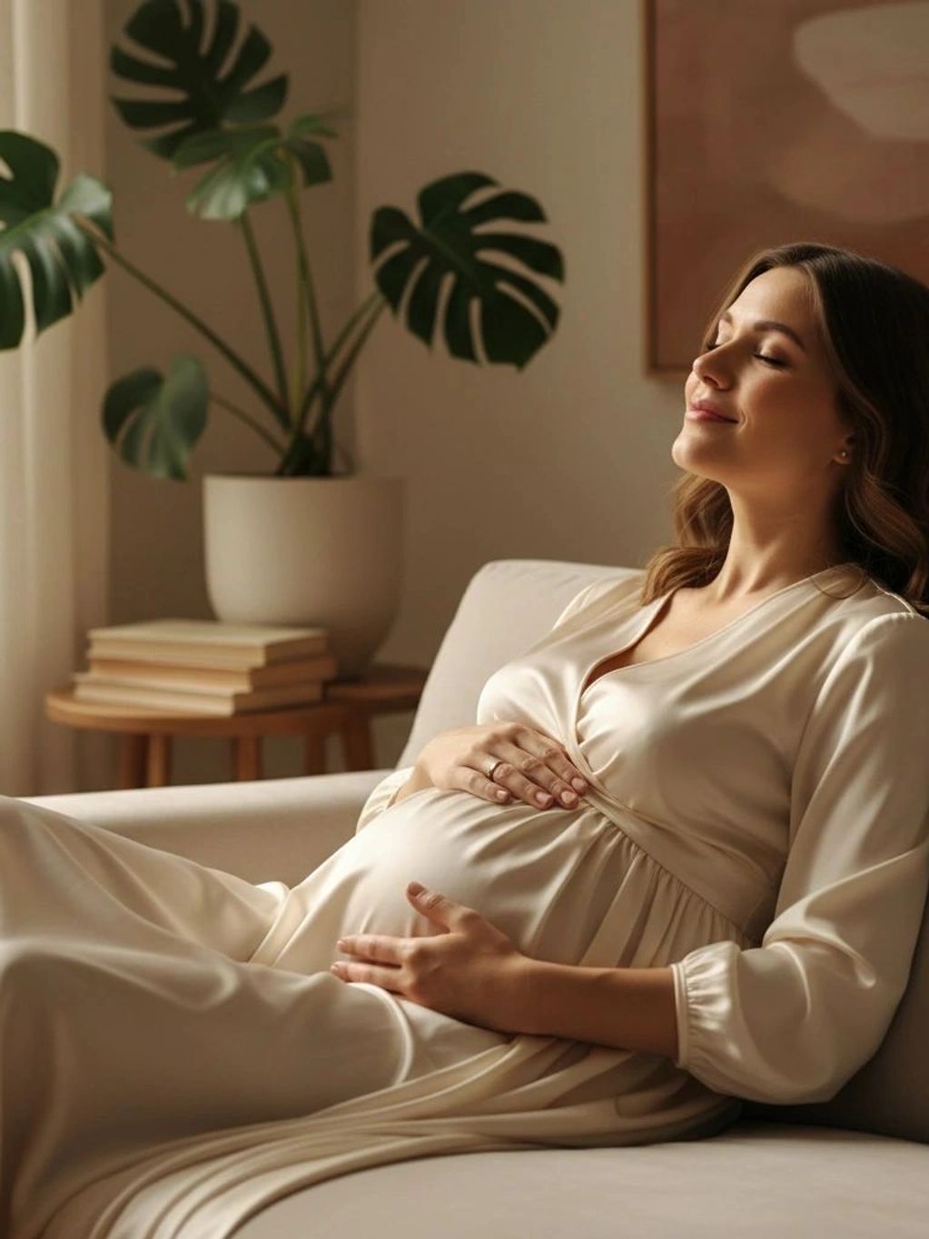 Pregnant woman in a silky dress peacefully sitting on a sofa.