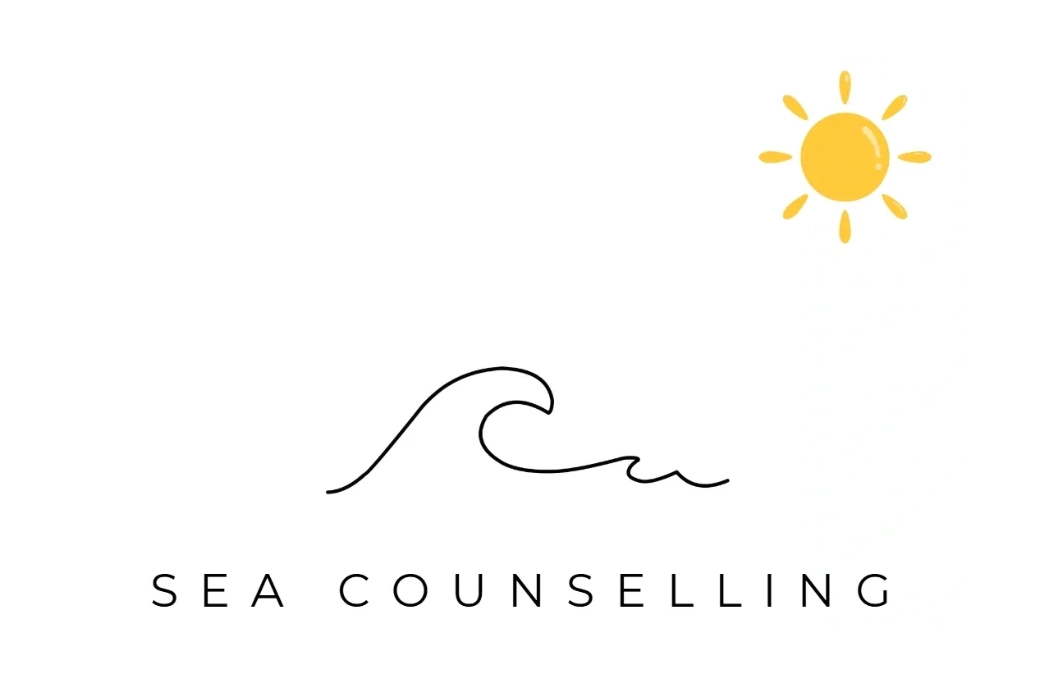 Minimalist logo with a wave, sun, and the text 'SEA COUNSELLING'.