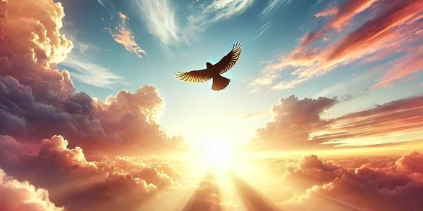 A bird soaring against a vibrant sunset sky with dramatic clouds.
