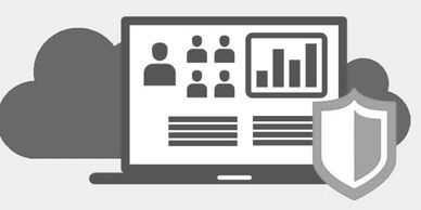 Illustration of secure cloud computing with data and user icons on a laptop.