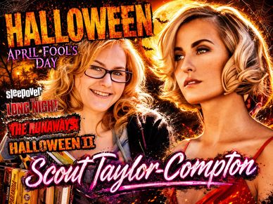 A vibrant Halloween-themed poster featuring Scout Taylor-Compton and horror movie titles.