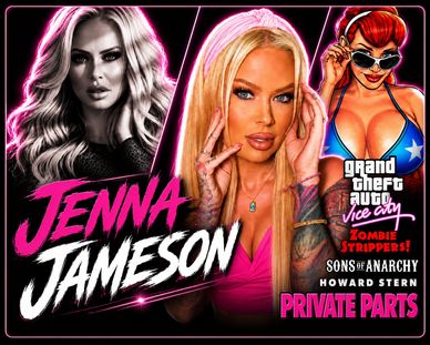 Promotional graphic featuring Jenna Jameson and Grand Theft Auto game references.