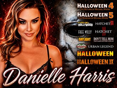Danielle Harris with a collage of horror movie titles she starred in.