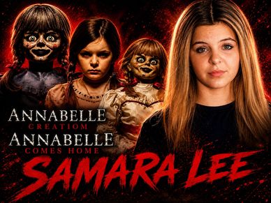 Samara Lee with Annabelle dolls from horror movies.