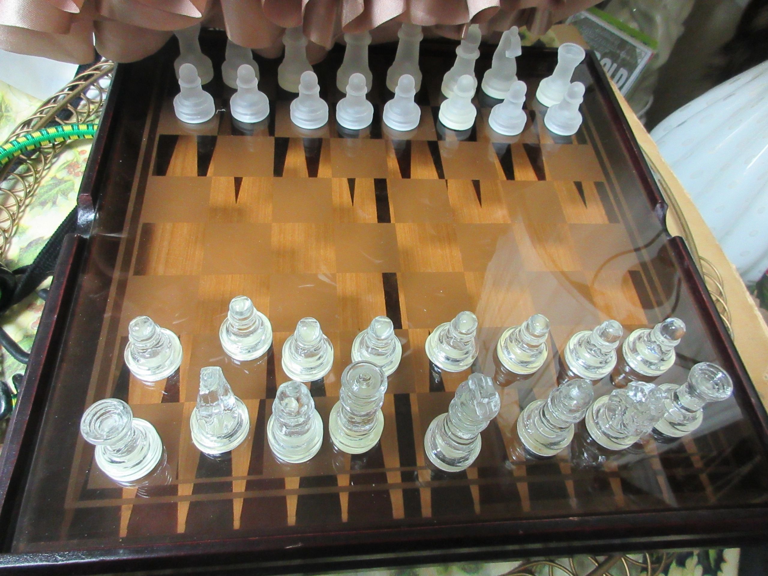 glass chess set with wooden case