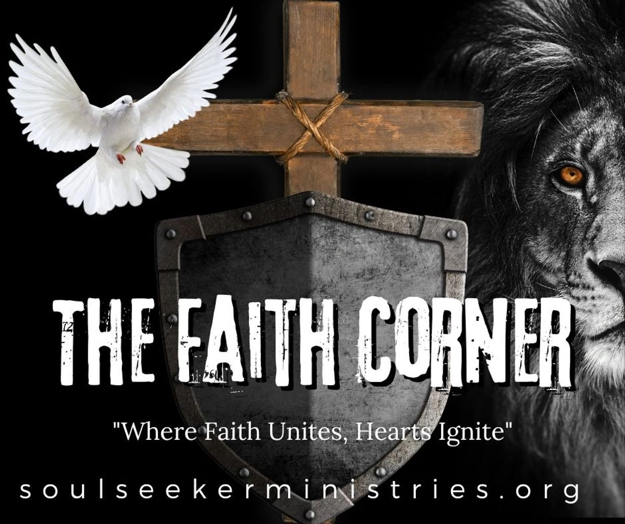 The Faith Corner - White dove, wooden cross, metal shield, half of lion's face