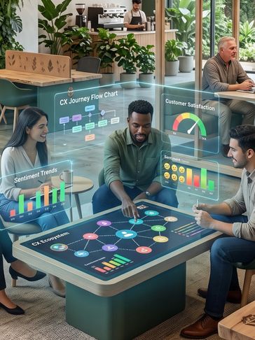 Personas analizando datos con tecnología holográfica en una cafetería.
