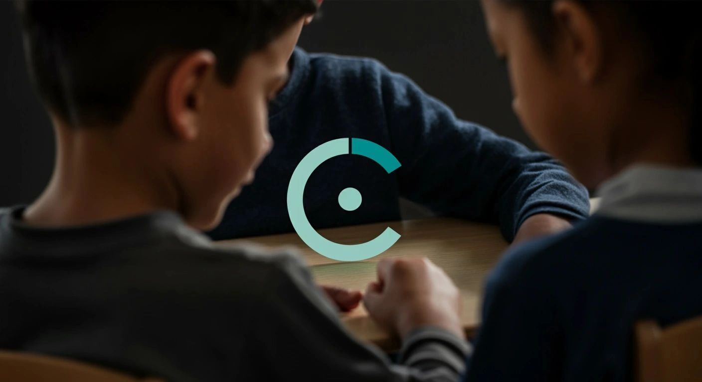 Two children holding hands across a table in a dimly lit setting.