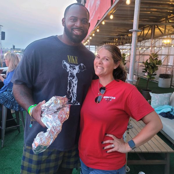 Fletcher Cox with one of our Tomahawks and a Heavy Cut Ribeye Steak Sandwich to go!