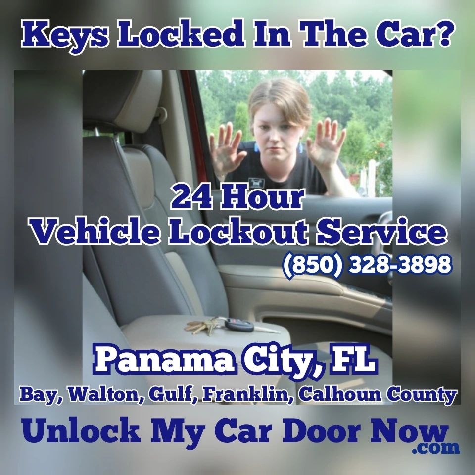 Promotion image. Unlock My Car Door Now in Panama City, FL. Woman looking at keys Locked in the Car.