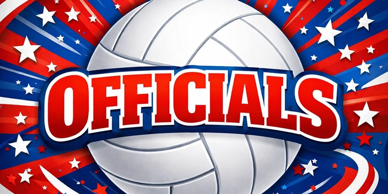 Volleyball officials graphic with patriotic red, white, and blue stars and stripes.