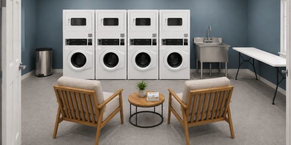 Clean laundry room with four washers and two chairs.