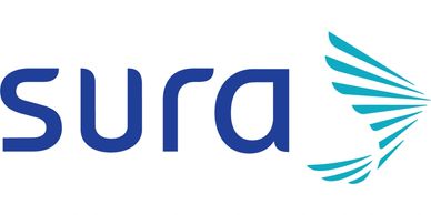 Sura logo with stylized blue text and wing symbol.