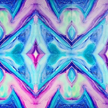 Blue, pink, and purple watercolor image with intersecting diamond shapes.