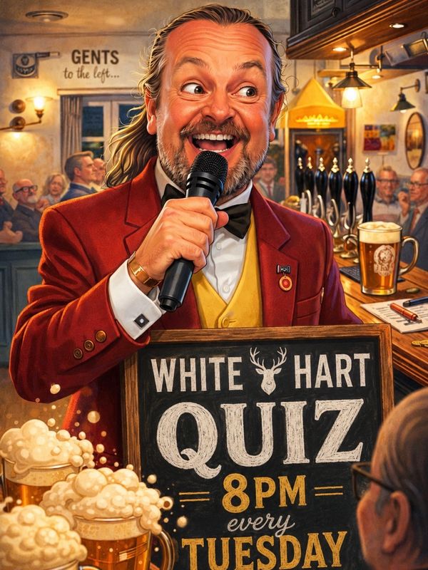 A lively quiz host in a red jacket at White Hart pub.
