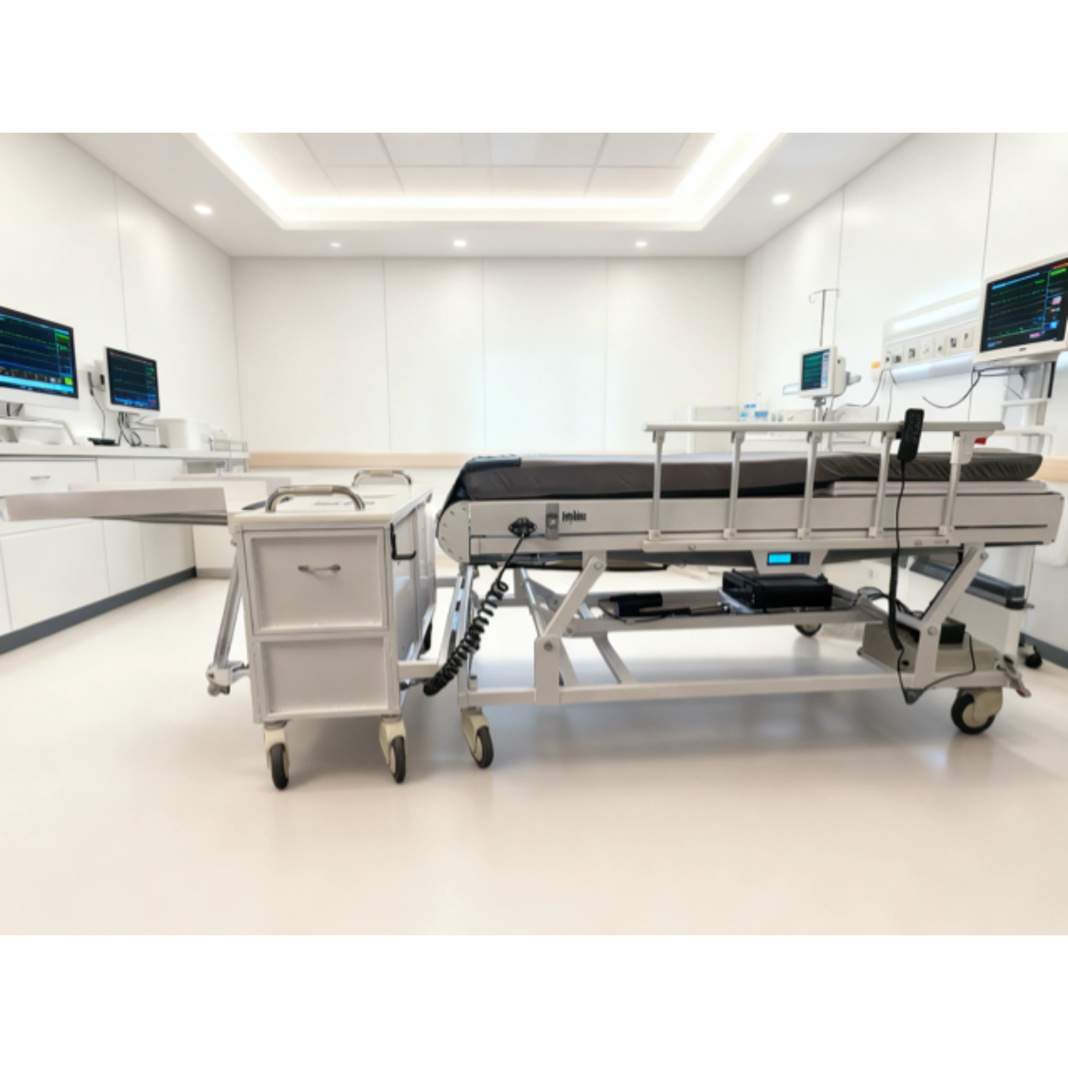 A modern hospital room with a patient bed and medical equipment.