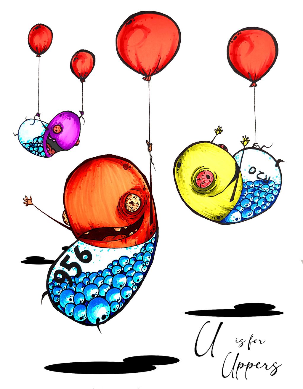 Colorful cartoon microbes with red balloons labeled 'U is for Uppers'.