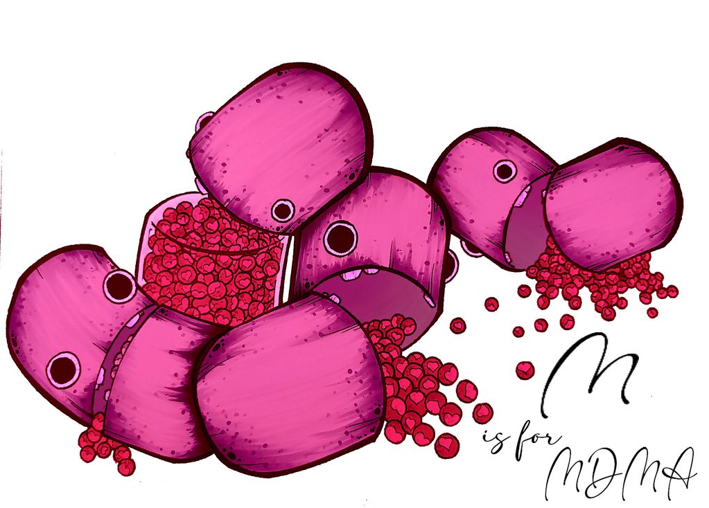 Illustration of pink capsules spilling red heart-shaped contents, labeled 'M is for MDMA'.
