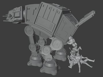 A 3D model of an AT-AT walker with fallen stormtroopers beneath it.