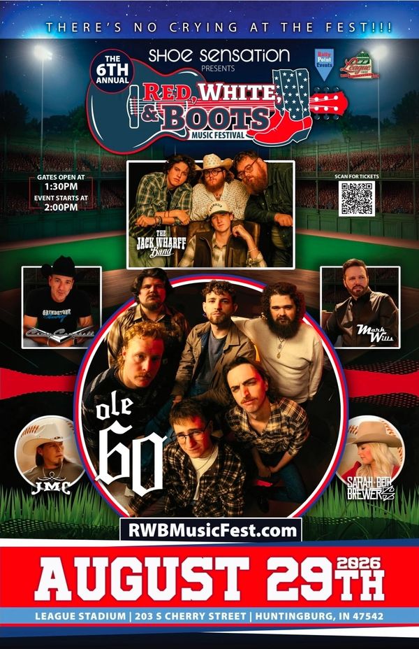 6th Annual Red, White &amp; Boots Music Festival on August 29, 2026, featuring Ole 60 and other artists.