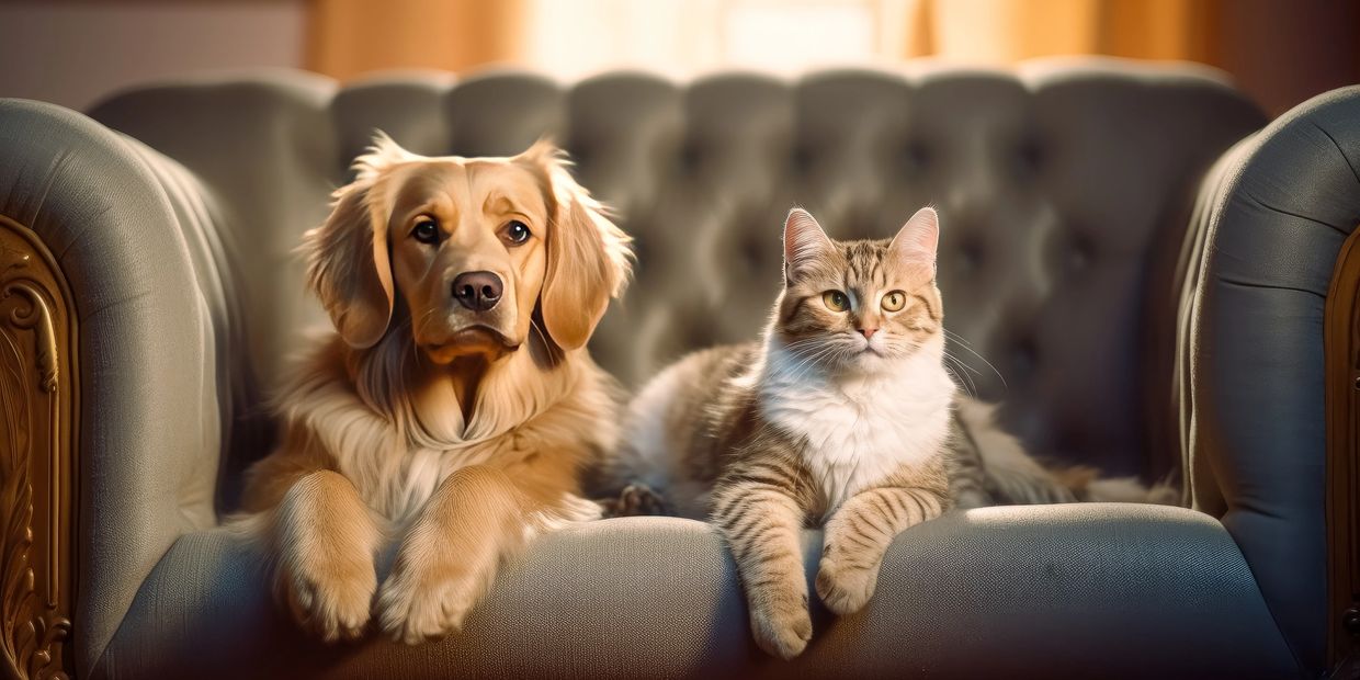 Happy dog and cat lounging together, representing the joy of finding a new home with rehome.org.