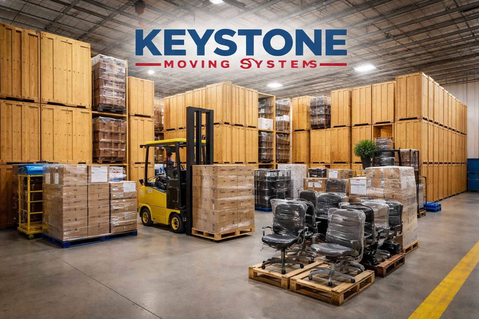 Warehouse filled with stacked wooden crates and wrapped office chairs.