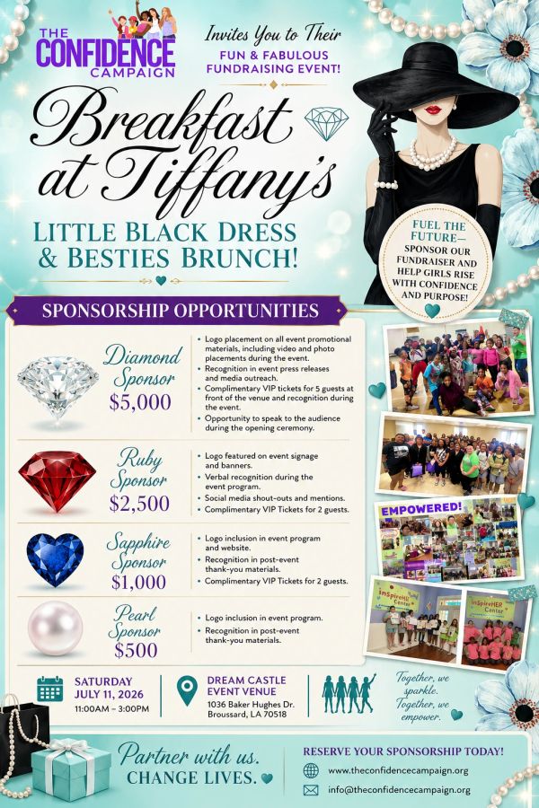 Fundraising brunch event called Breakfast at Tiffany's supporting confidence and empowerment.