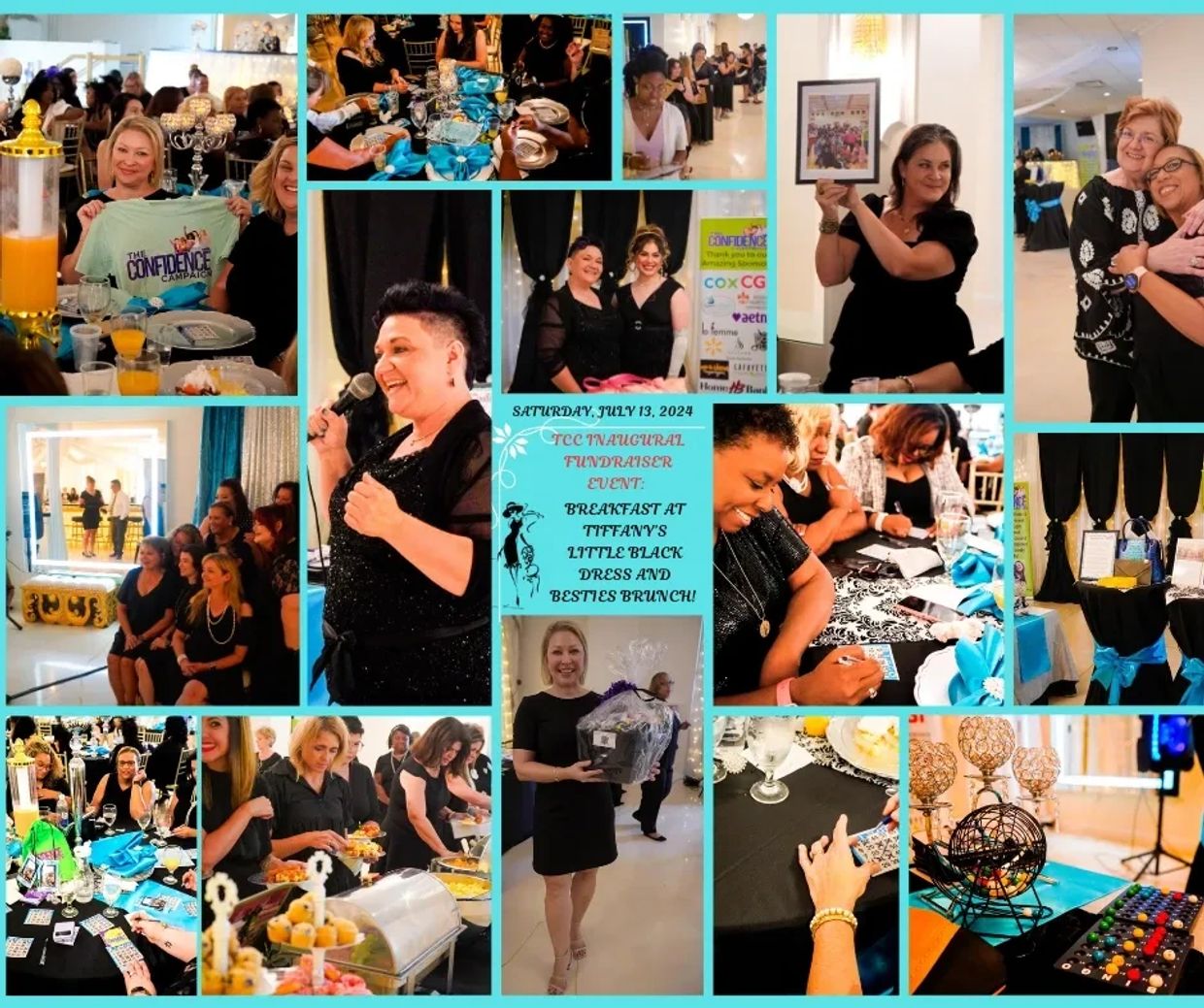 Collage of joyful moments from a charity breakfast and fundraiser event.