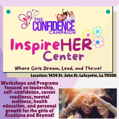 InspireHER Center flyer introduction. Girls making heart with hands. 