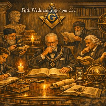 Masonic meeting announcement with scholars studying ancient texts in candlelight.
