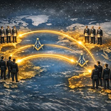 Men in suits connecting around the world with Masonic symbols and glowing lines.