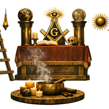 Masonic altar with symbolic items including candles, skull, and all-seeing eye.