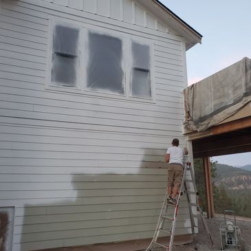 Person painting a house exterior from a ladder.