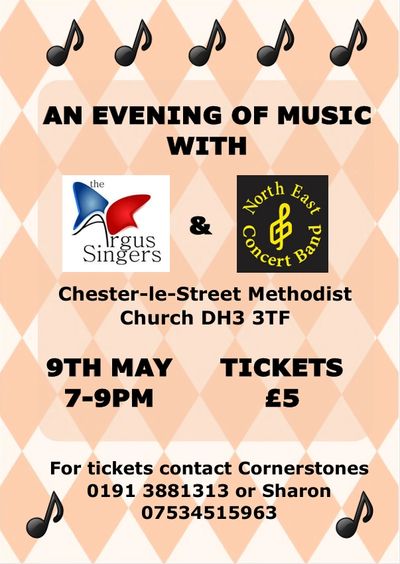 Poster for a music evening with Argus Singers and North East Concert Band on May 9th.