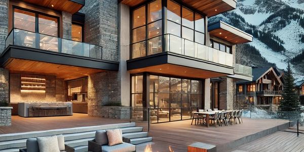 Modern mountain home with glass walls and outdoor fire pit.