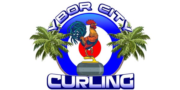 Tampa, Florida's Ybor City Curling Club logo with a palm tree and rooster sitting on a curling stone