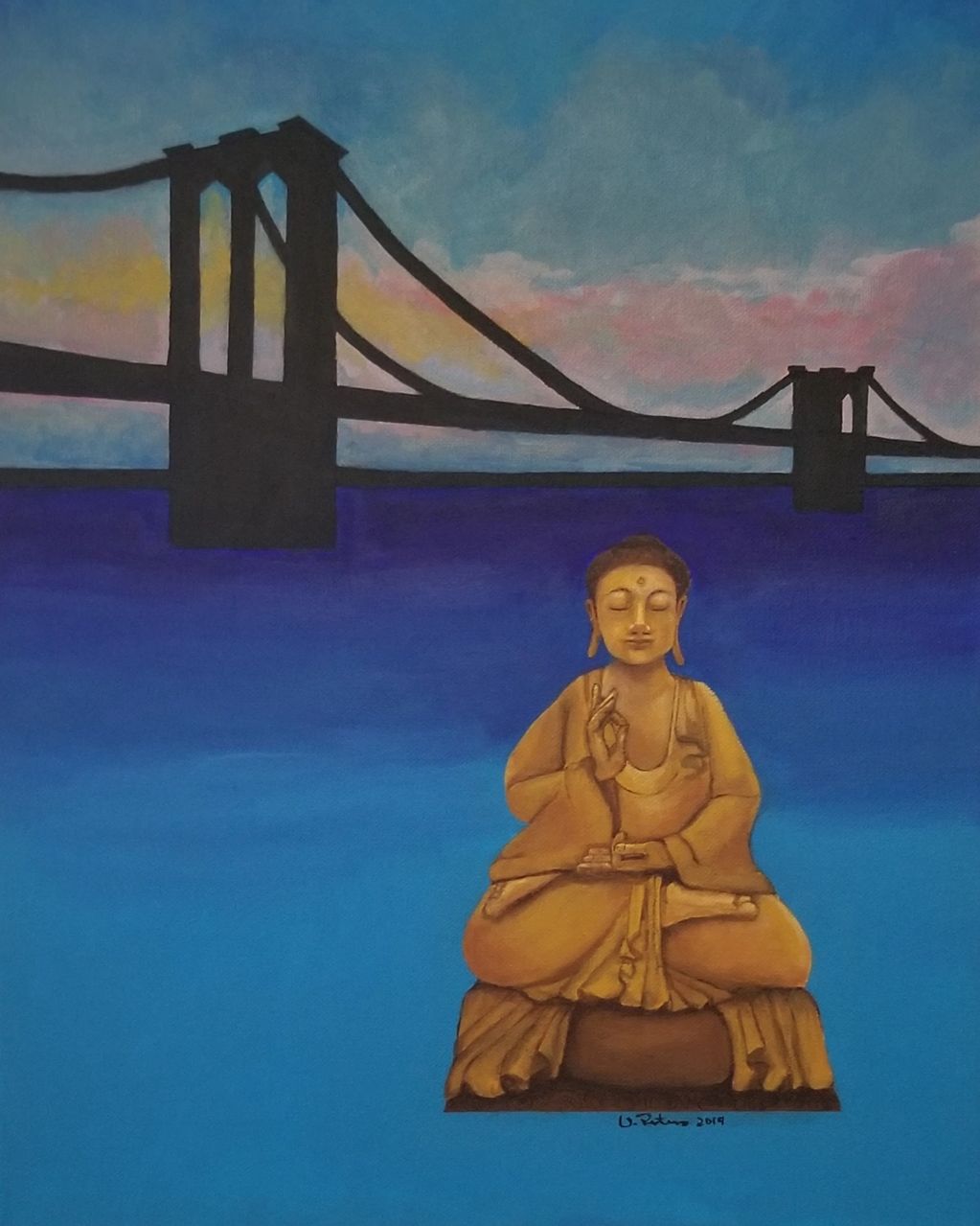 golden buddha  mediation pose Shuni   Gyan Mudra graphic Brooklyn Bridge sunrise in pink yellow blue