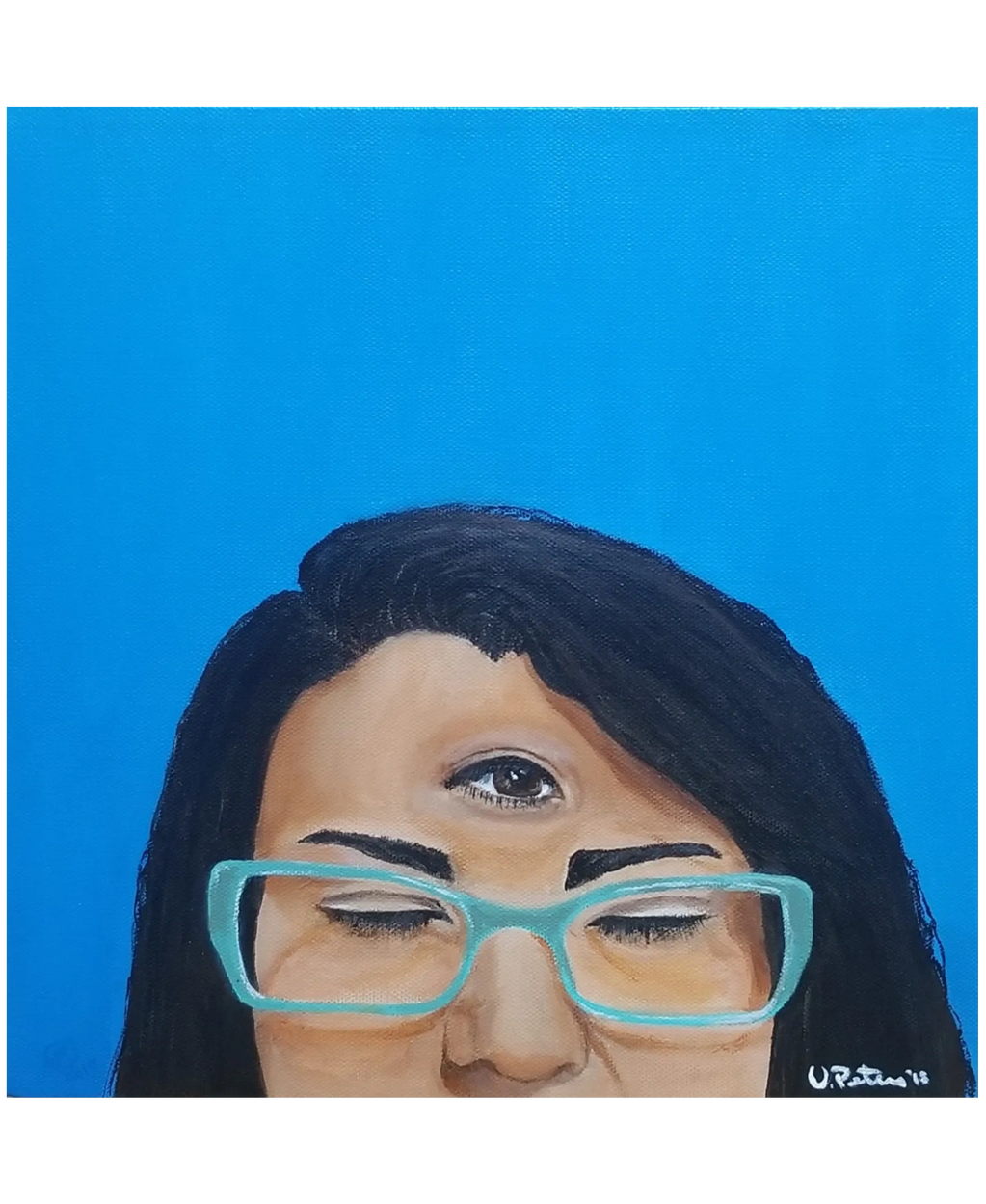 cerulean background  dark hair woman in teal glasses with eyes closed and open third eye on forehead