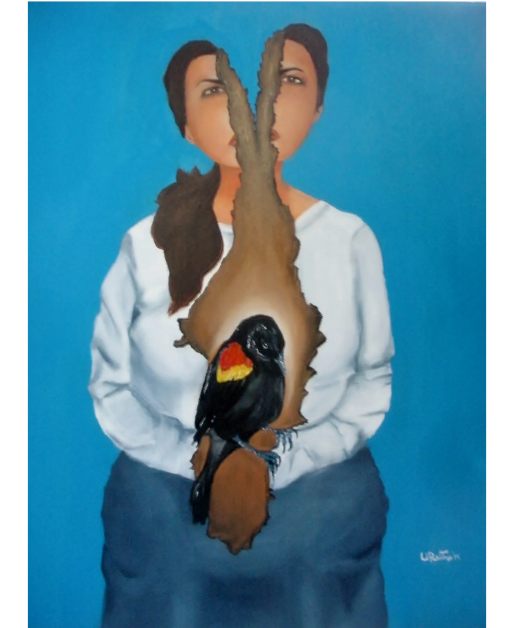 Latina woman seated ripped down center red-winged black bird in center cerulean blue background 
